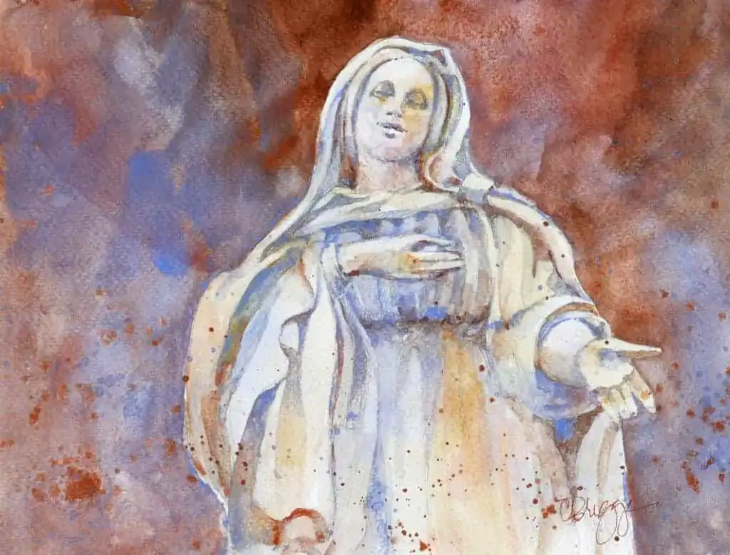 Watercolor painting by Cindy Briggs of a statue of Mary in L’Isle-sur-la-Sorgue, France