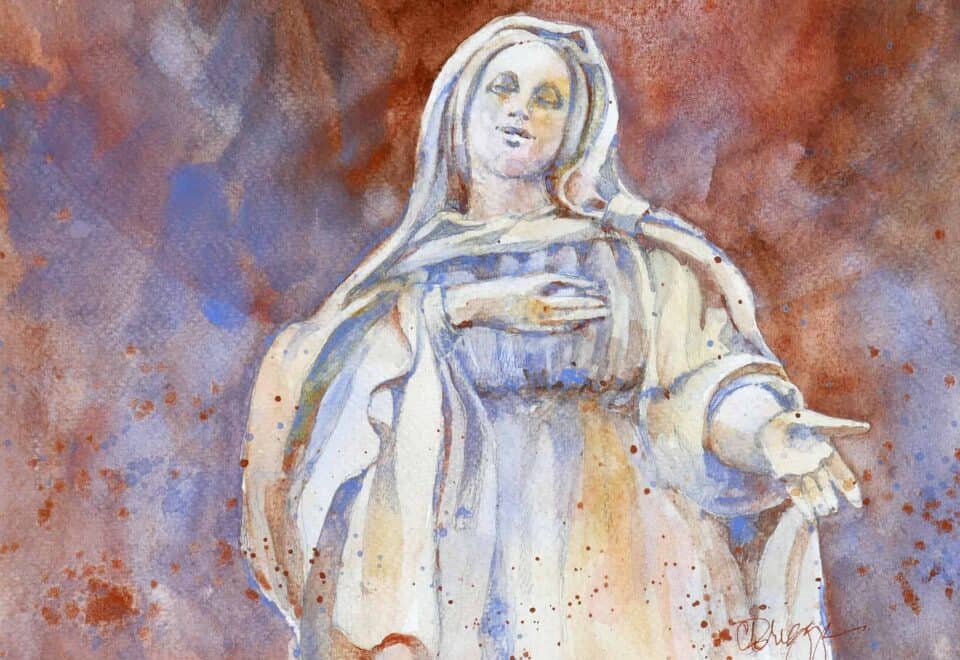Watercolor painting by Cindy Briggs of a statue of Mary in L’Isle-sur-la-Sorgue, France
