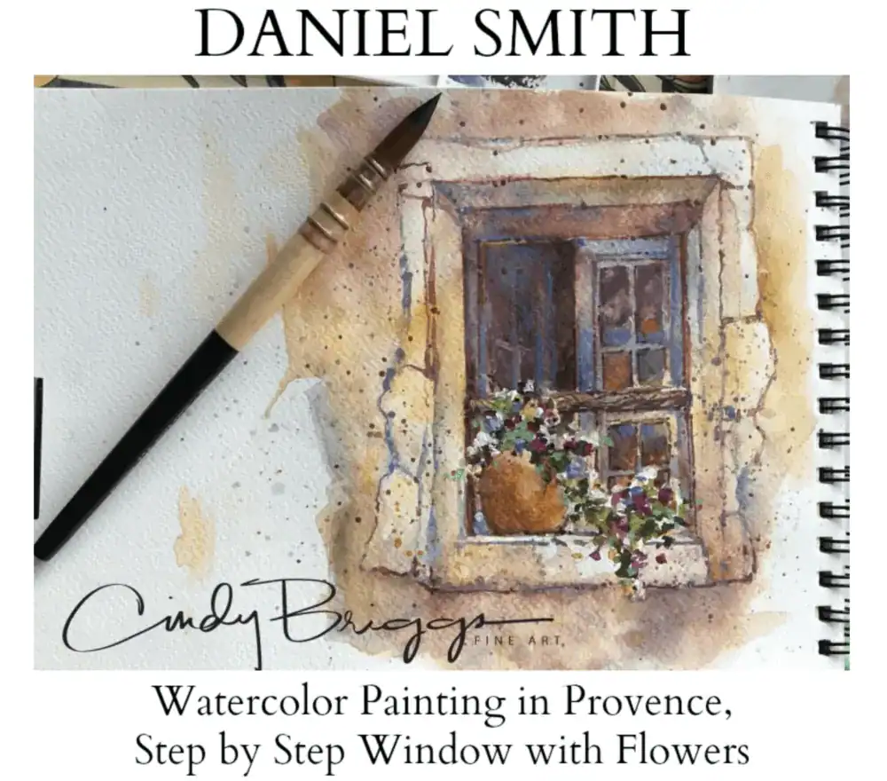 Watercolor Painting in Provence step-by-step lesson by Cindy Briggs: a window with flowers