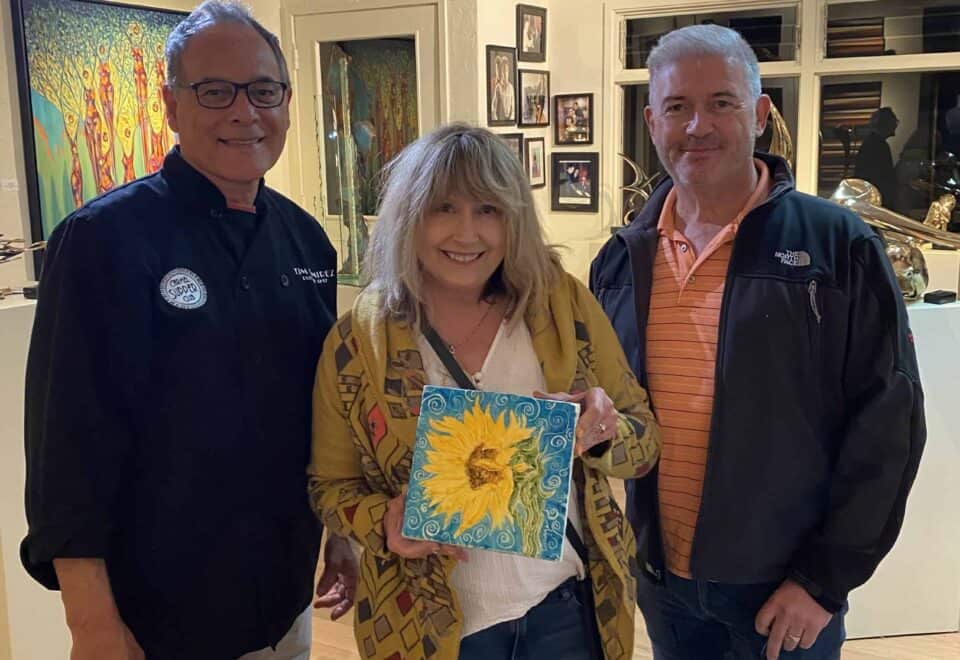With Chef Ramirez Left and My Husband Alan Right, watercolor art by Cindy Briggs
