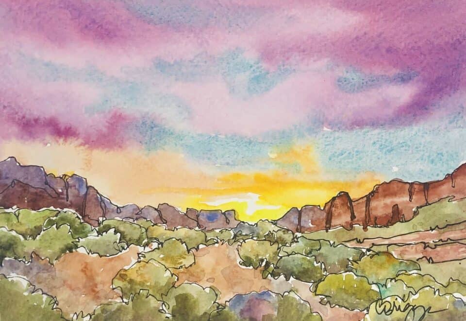 Plein Air Watercolor Palette for Painting Colorful Skies St George Sunset Red Mountains
