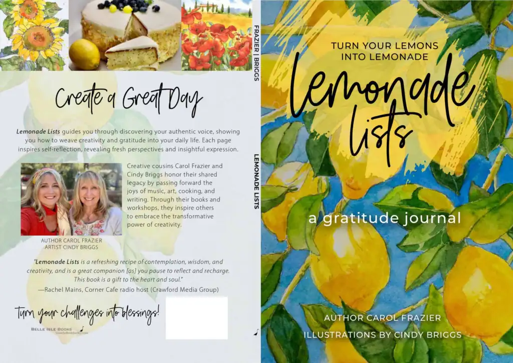 Front and back cover of Lemonade Lists, a gratitude journal by author Carol Frazier with watercolor illustrations by Cindy Briggs