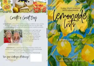 Front and back cover of Lemonade Lists, a gratitude journal by author Carol Frazier with watercolor illustrations by Cindy Briggs