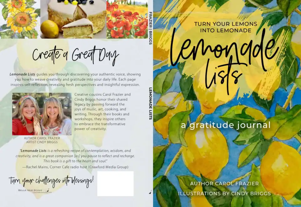 Front and back cover of Lemonade Lists, a gratitude journal by author Carol Frazier with watercolor illustrations by Cindy Briggs