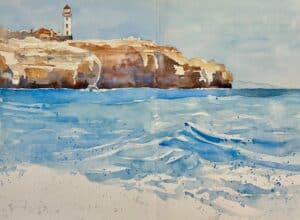 Watercolor painting of a clifftop lighthouse above a blue sea with breaking waves and a pale sand beach
