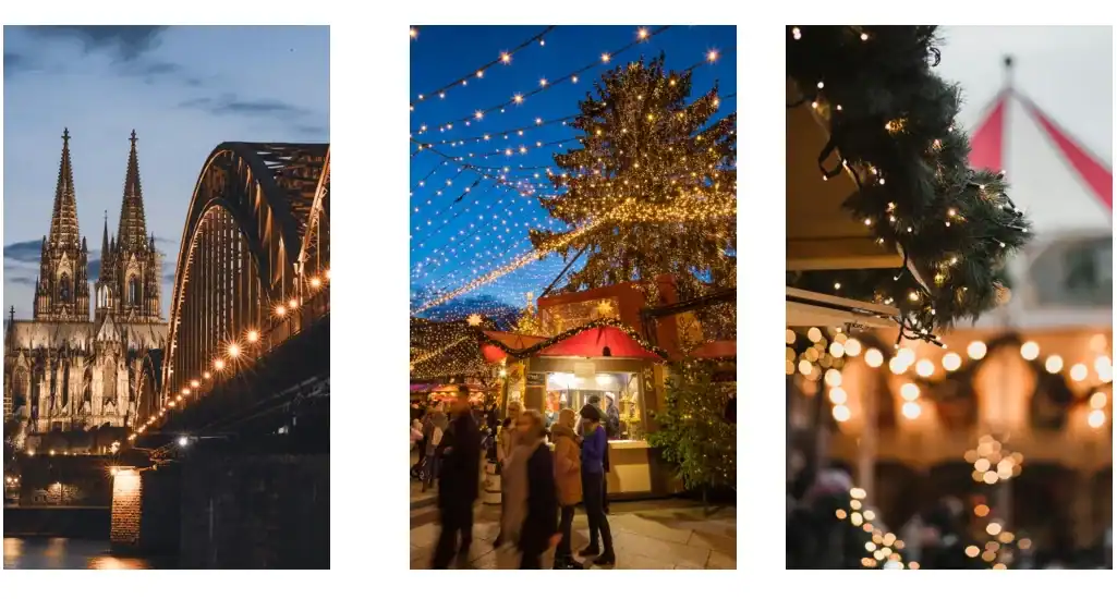 European Christmas markets with festive lights and decorations.