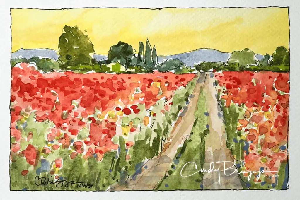 Watercolor sketch by Cindy Briggs of a red poppy field with a row of trees