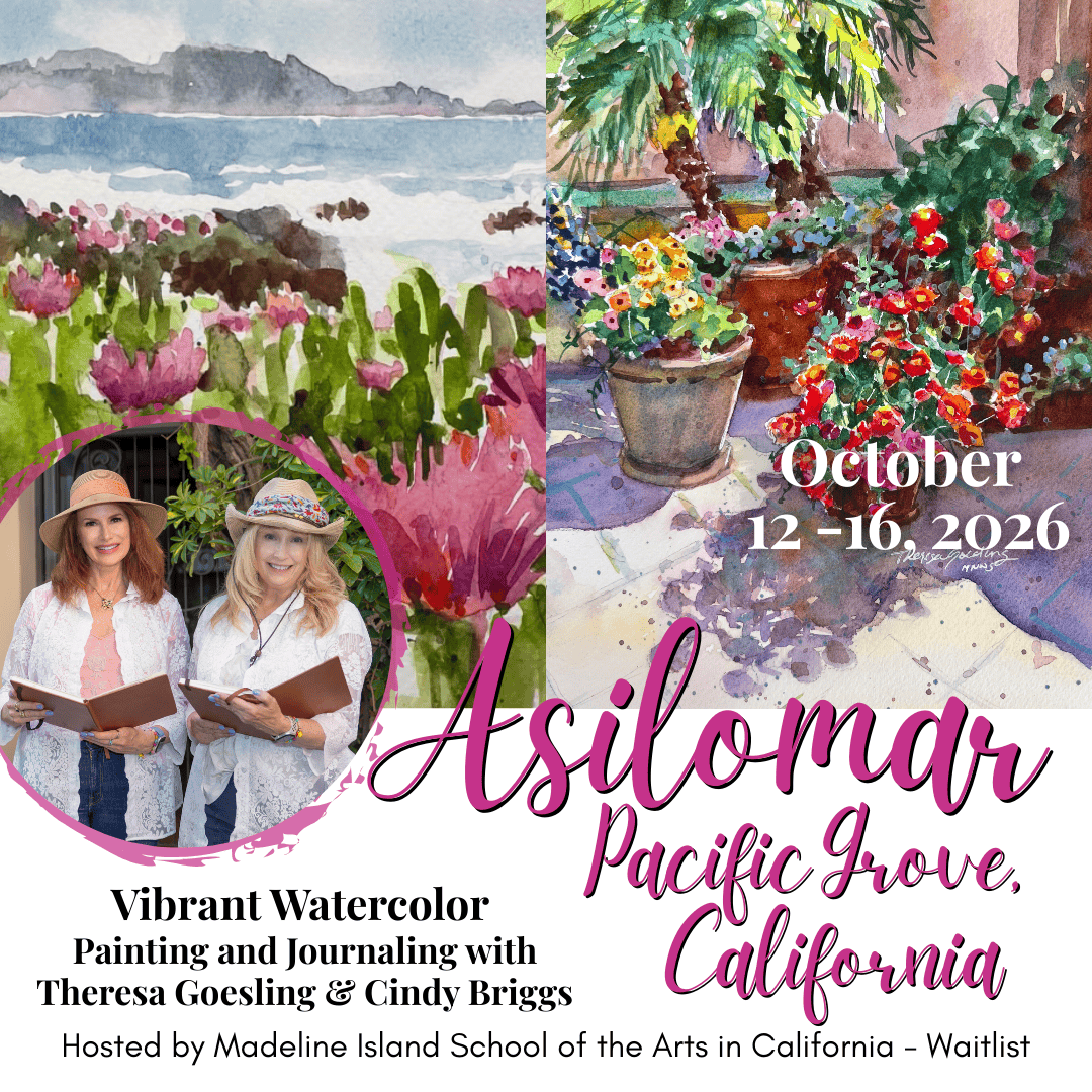 Vibrant watercolor painting and journaling workshop in Pacific Grove with Cindy Briggs