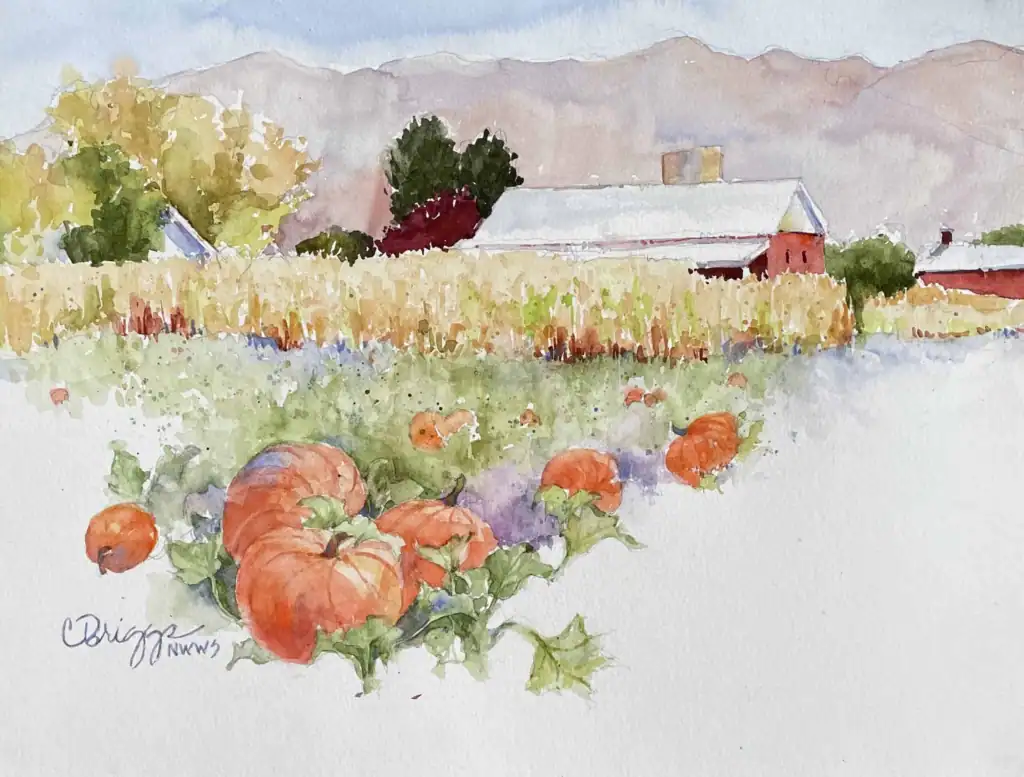 Dibble Barn & Pumpkin Field Utah Cindy Briggs Art Watercolor Painting Dibble Barn Pumpkin Field Utah 8 x 10 scaled 1 Dibble Barn & Pumpkin Field Utah Cindy Briggs Art Watercolor Painting