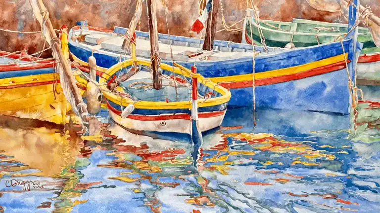 Collioure France Fishing Boats, watercolor art by Cindy Briggs