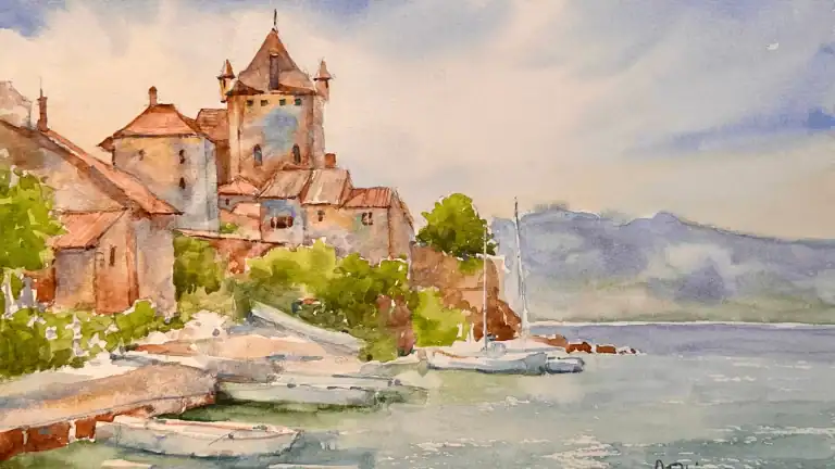 Yvoire France on Lake Geneva, watercolor art by Cindy Briggs