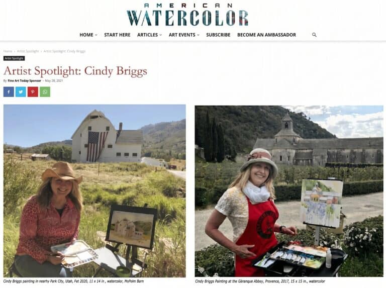 American Watercolor artist spotlight showing Cindy Briggs plein air painting near Park City Utah