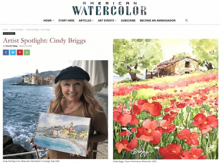 American Watercolor artist spotlight with Cindy Briggs painting in her watercolor sketchbook