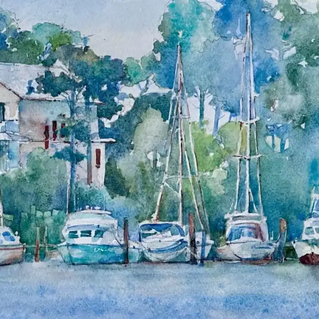 Carrabelle Boats 8 X 16 Plein Air Watercolor Mounted on Aluminum Varnished Framed 1100 with Frame
