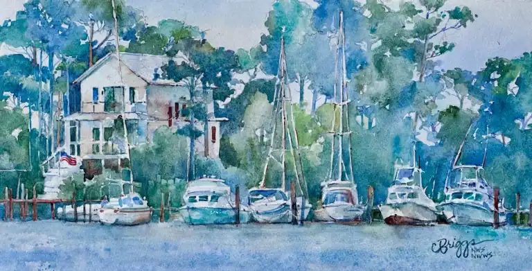 Carrabelle Boats 8 X 16 Plein Air Watercolor Mounted on Aluminum Varnished Framed 1100 with Frame