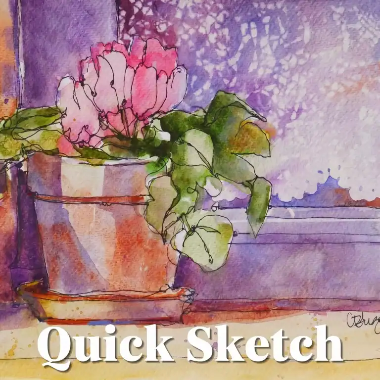 Watercolor painting of a pink flower in a pot with green leaves on a purple background.