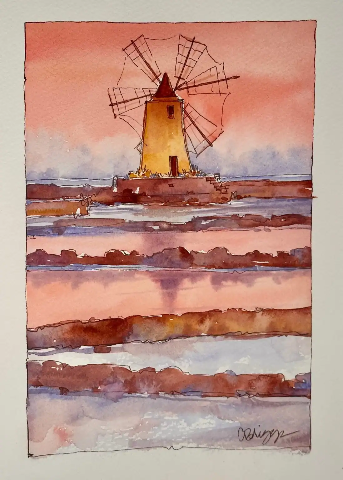 Marsela Salt Flats Sicily Journal Ink Watercolor Quicksketch 10 X