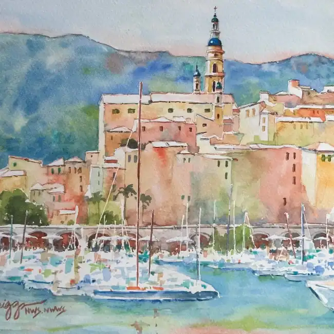 Menton France 9 X 12 950 Mat, watercolor art by Cindy Briggs