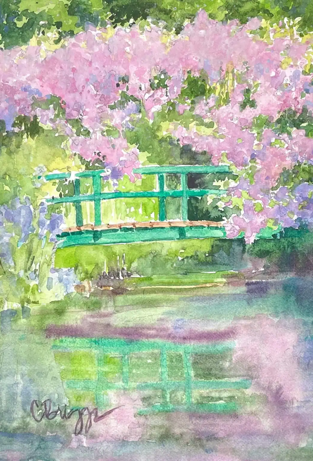 Monets Japanese Bridge Watercolor Gouache 7 X 10 Plus Mat