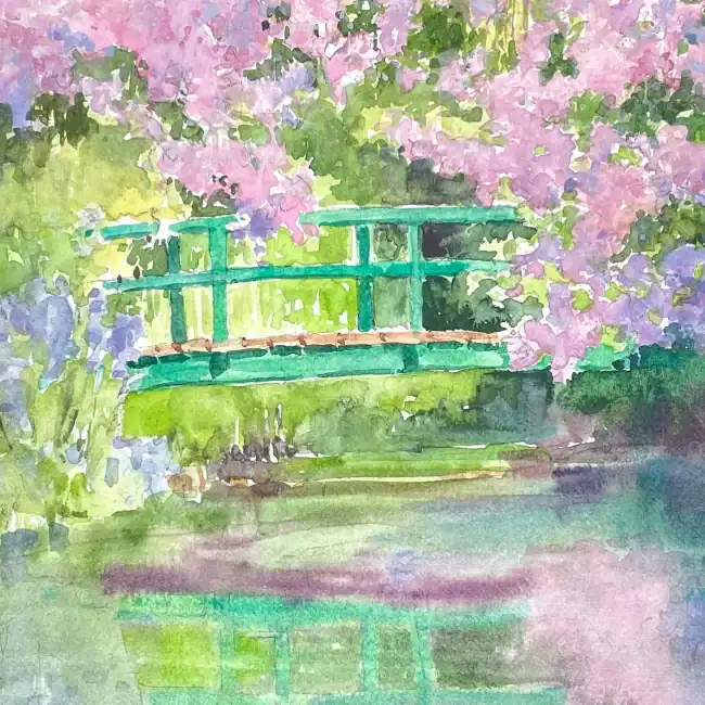 Monets Japanese Bridge Watercolor Gouache 7 X 10 Plus Mat