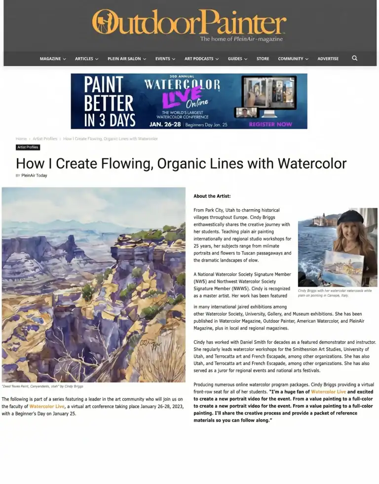 OutdoorPainter article about Cindy Briggs creating flowing organic watercolor lines