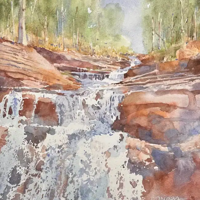 Ozark Waterfall 12 X 9 750 Mat, watercolor art by Cindy Briggs
