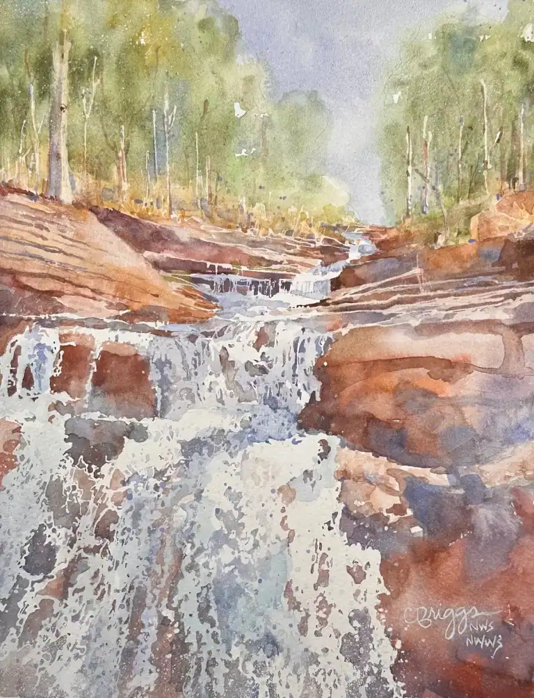 Ozark Waterfall 12 X 9 750 Mat, watercolor art by Cindy Briggs