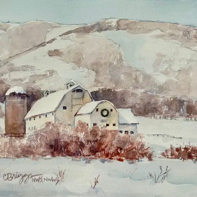 Park City Mcpollin Barn Winter, watercolor art by Cindy Briggs