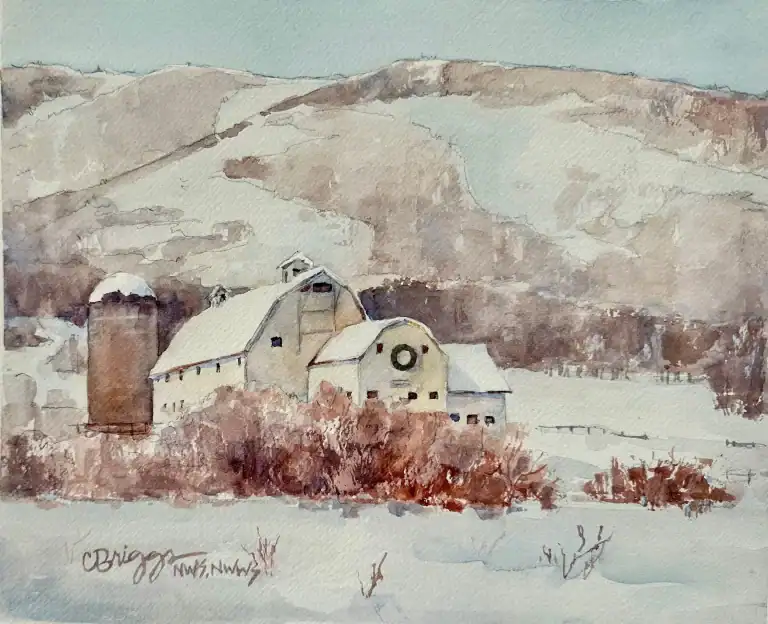 Park City Mcpollin Barn Winter, watercolor art by Cindy Briggs
