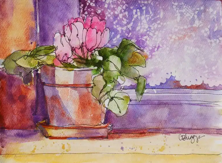 Provence Pot in a Window Watercolor Ink Quick Sketch Journal Page with Stenciling 10 X