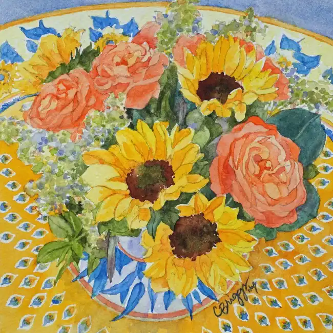 Provence Sunflower Roses Watercolor 8x8 with Mat