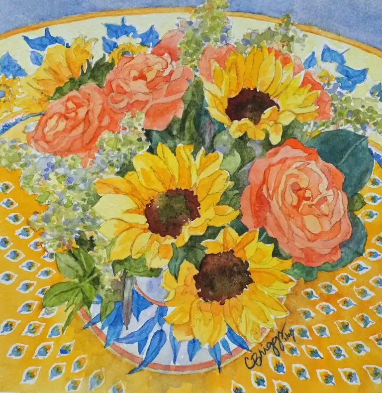 Provence Sunflower Roses Watercolor 8x8 with Mat