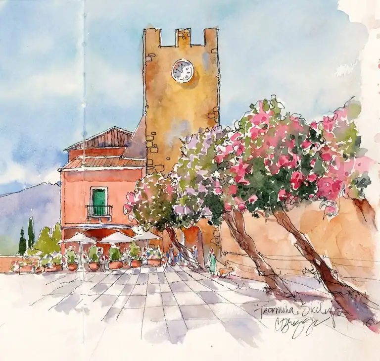 Taormina Piazza 8 X 10 Journal Watercolor Ink