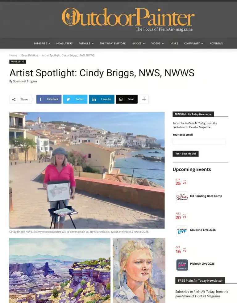Cindy Briggs NWS NWWS holding her artwork near the coast in a pink jacket and hat.