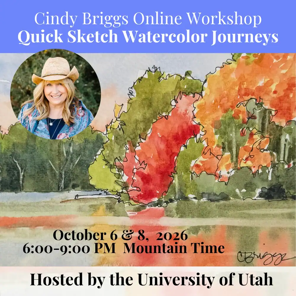 Watercolor landscape with colorful trees and a pond, promoting watercolor workshop.