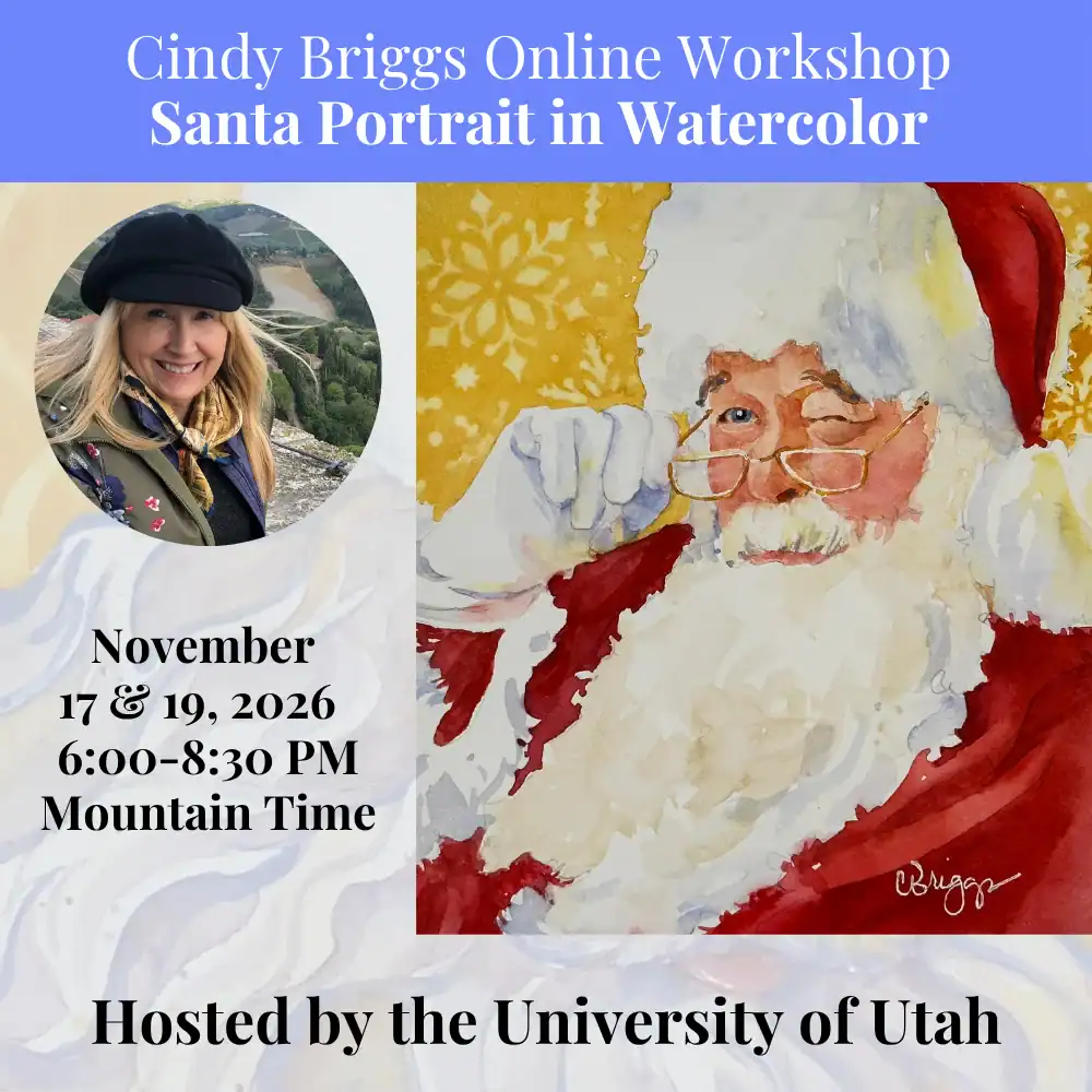 Santa portrait watercolor by Cindy Briggs for workshop promotion.