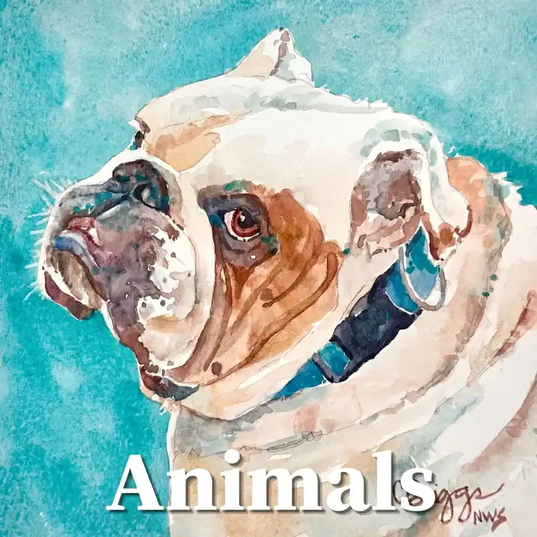 Watercolor painting of a bulldog with a blue collar on a teal background.