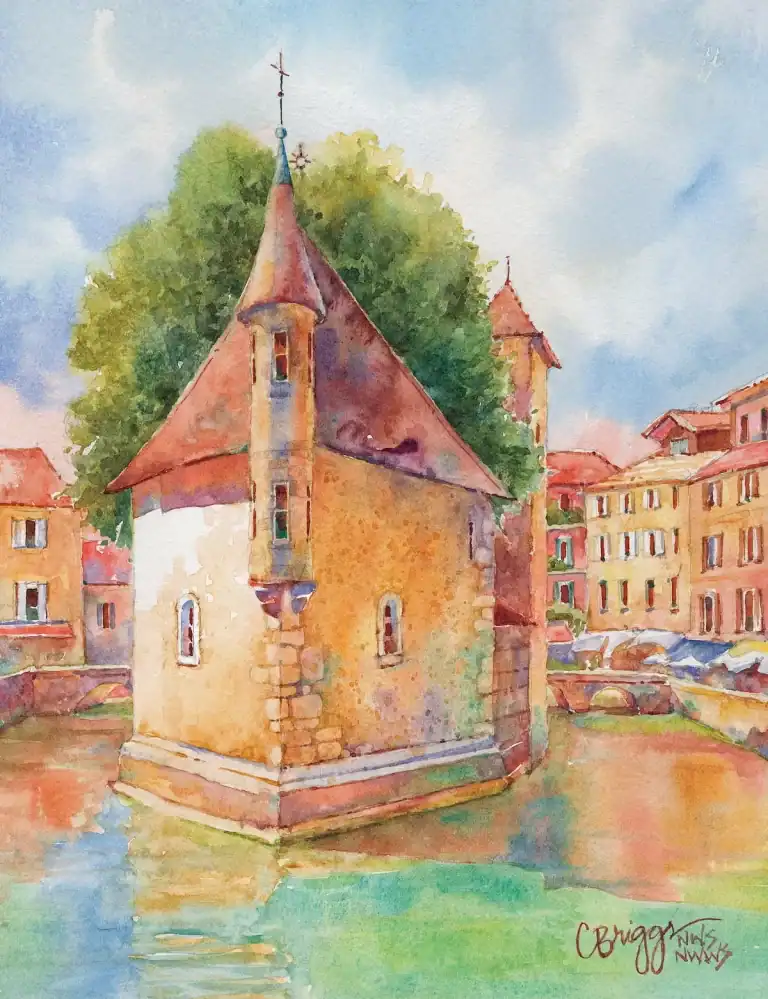 Watercolor painting of a historic tower by a river with colorful buildings nearby.