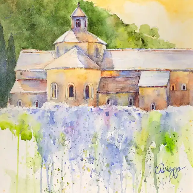 Watercolor painting of a historic church with lavender fields in front.