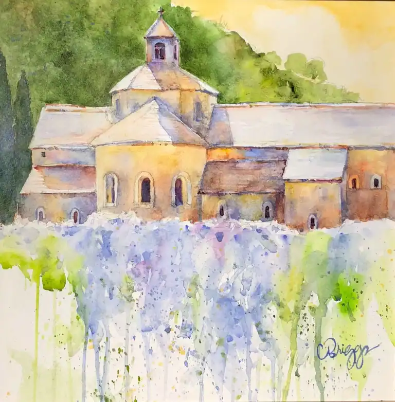 Watercolor painting of a historic church with lavender fields in front.