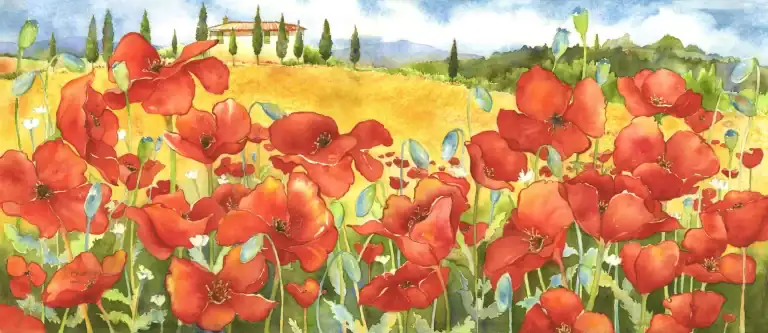 Watercolor painting of vibrant red poppies in a lush field with rolling hills.