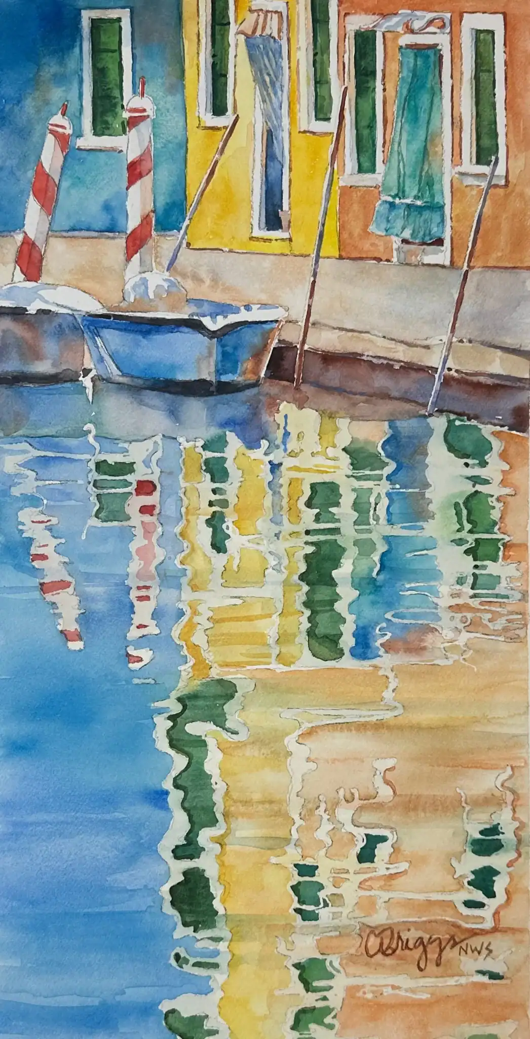 Colorful watercolor painting of a canal with boats and buildings in Venice, Italy.