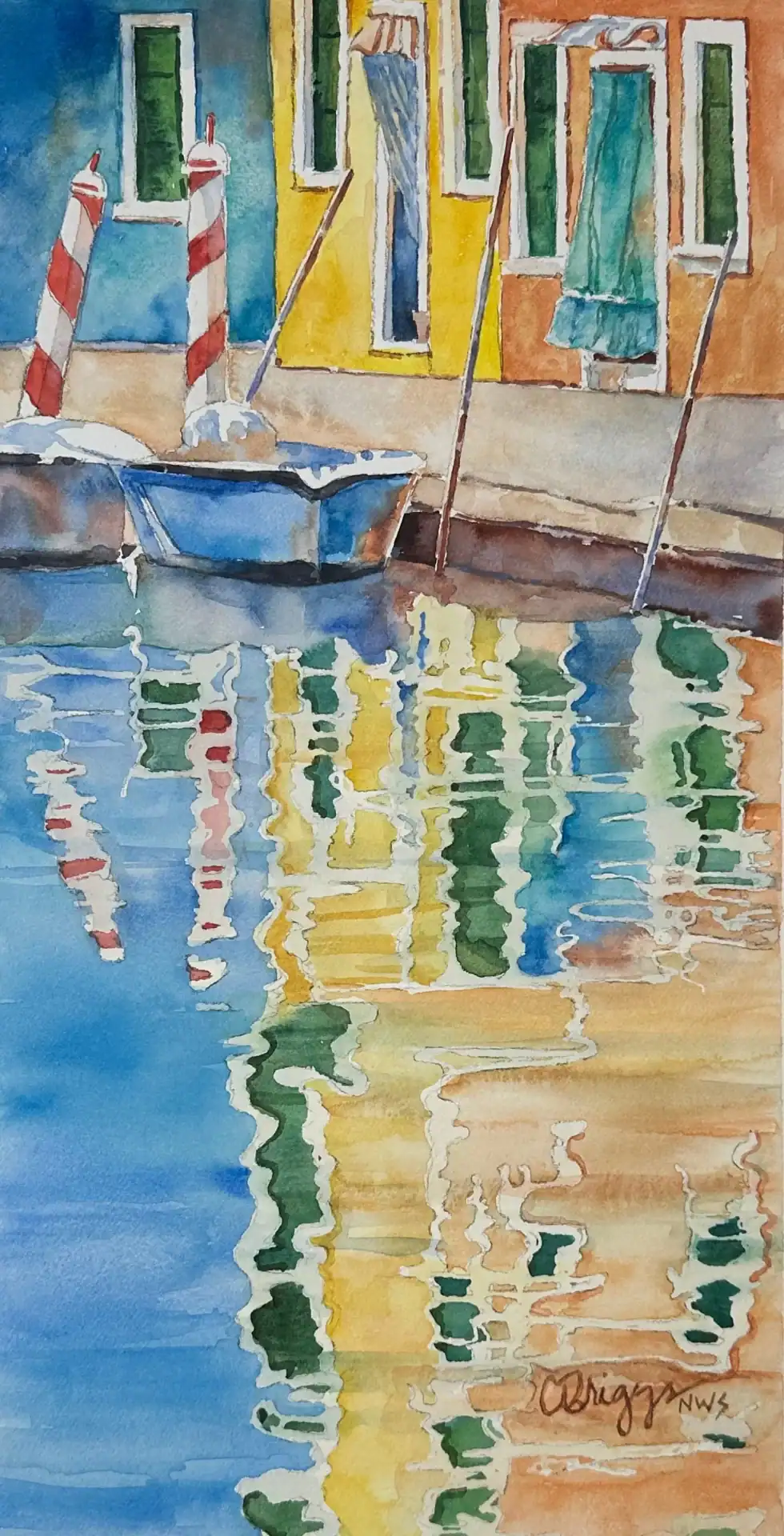 Colorful watercolor painting of a canal with boats and buildings in Venice, Italy.