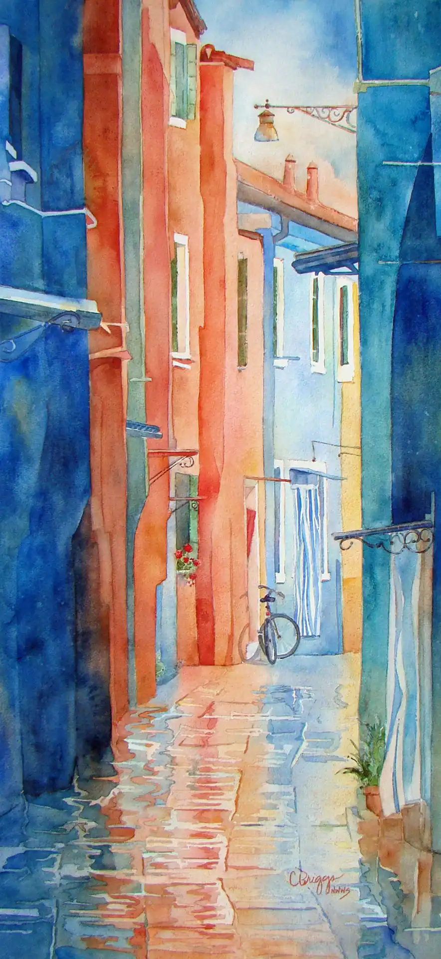Colorful watercolor painting of a narrow European street with buildings and a bicycle.