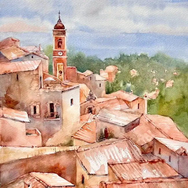 Watercolor of a historic Italian village with a church tower and terracotta rooftops.