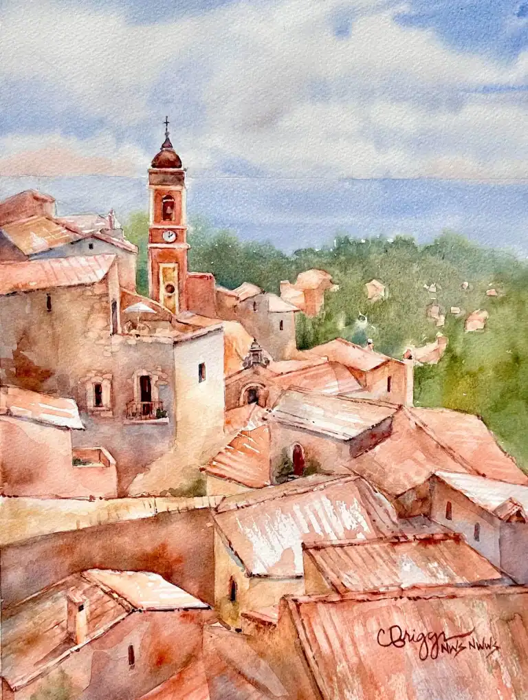 Watercolor of a historic Italian village with a church tower and terracotta rooftops.