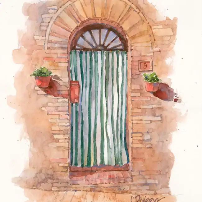 Watercolor painting of a rustic door with striped curtain and potted plants.