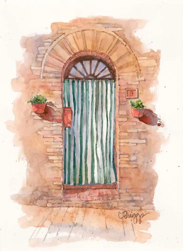 Watercolor painting of a rustic door with striped curtain and potted plants.