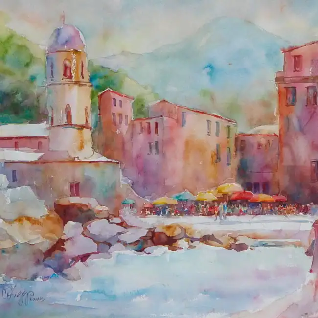 Watercolor painting of a scenic coastal town with historic buildings and a river.