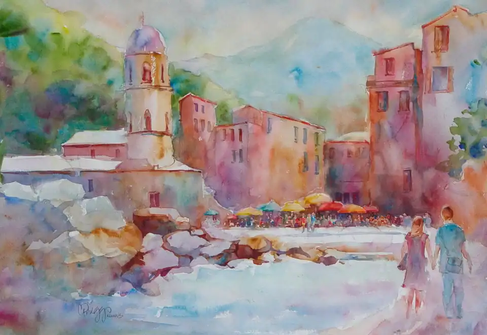 Watercolor painting of a scenic coastal town with historic buildings and a river.